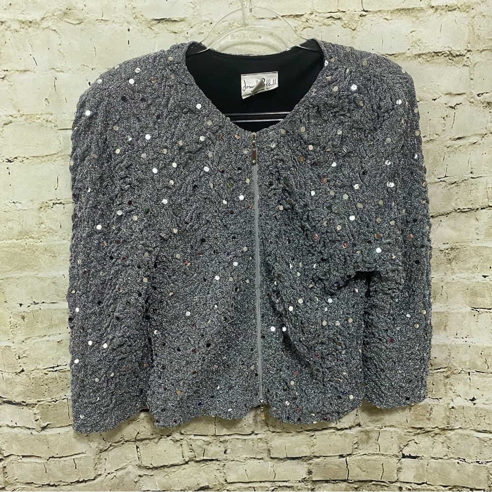 Joseph Ribkoff Black Silver Glitter Sequin Zip Up Party Jacket